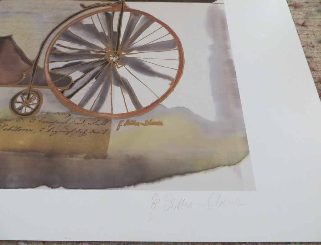 Bicyclette by Jutta Ritter-Scherer, signed by artist, published by Meridian Publishing, detail to show artist signature - offset lithograph reproduction with metallic and real gold foil insets vintage fine art print