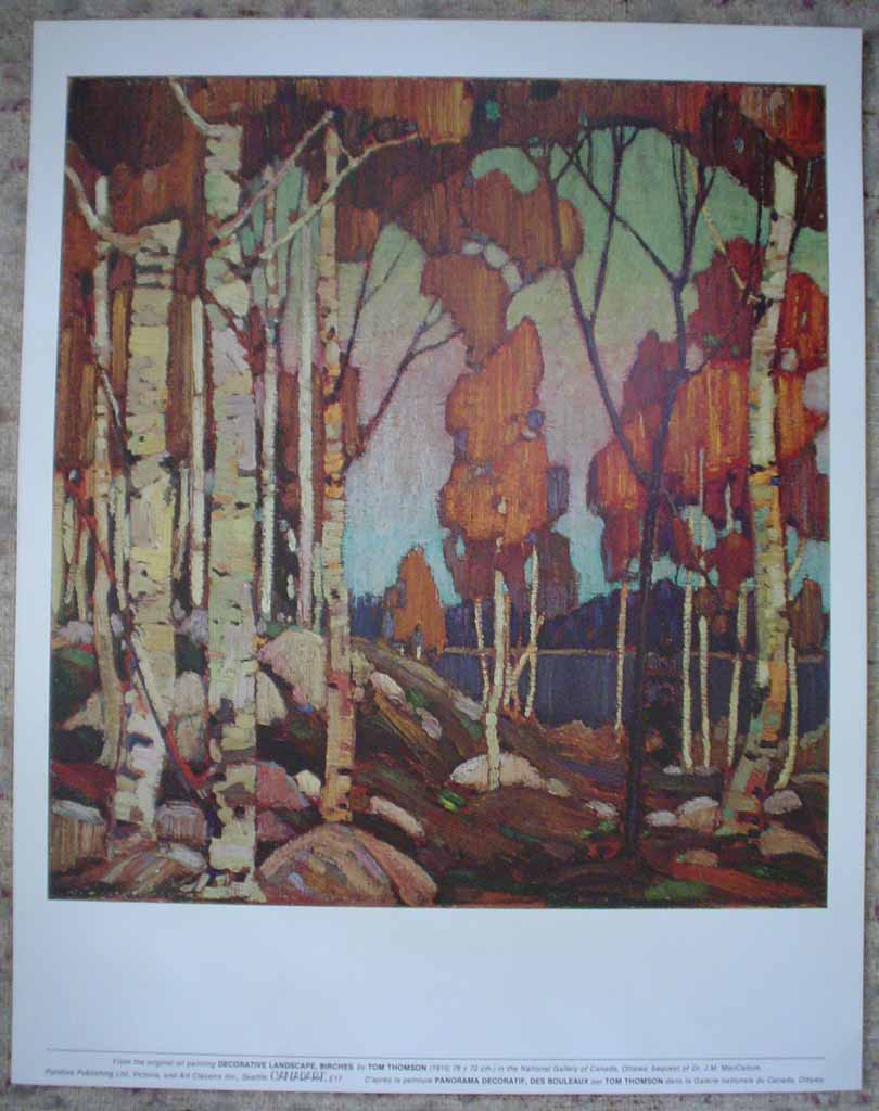 Decorative Landscape, Birches by Tom Thomson, Group of Seven, shown with full margins - offset lithograph reproduction vintage fine art print