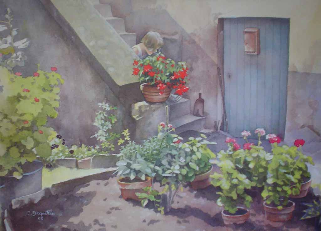 Young Girl And Geraniums, untitled by C. Dequeker, published by Pierre Hautot S.A, printed in France - offset lithograph reproduction vintage fine art print