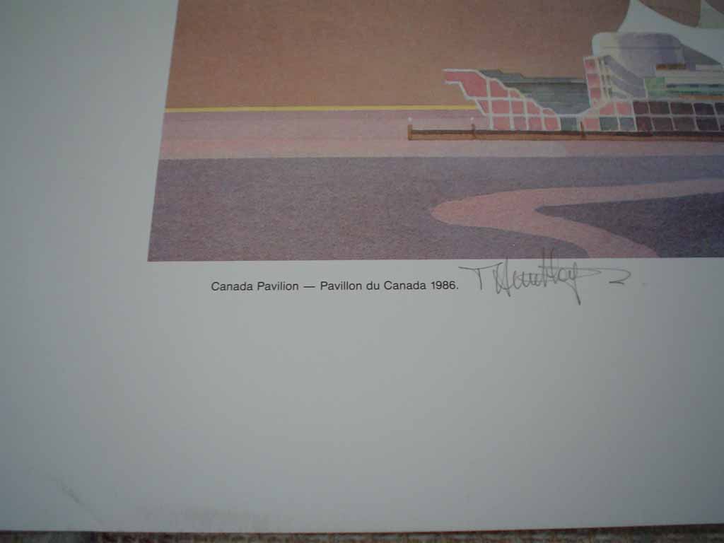 Canada Pavilion 1986 by Thomas J. Huntley, signed by artist, detail to show title and artist's signature - offset lithograph reproduction vintage fine art print
