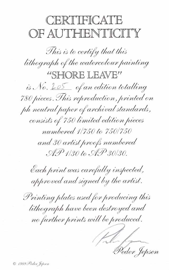 Shore Leave by Peder Jepsen, numbered 205/750, signed by artist, detail to show Certificate of Authenticity - offset lithograph limited edition vintage fine art print
