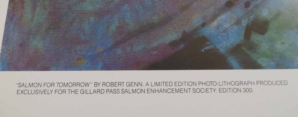 Salmon For Tomorrow by Robert Genn, detail to show edition - limited edition of 300, vintage offset lithograph fine art reproduction, signed and numbered AP 1/30 by artist
