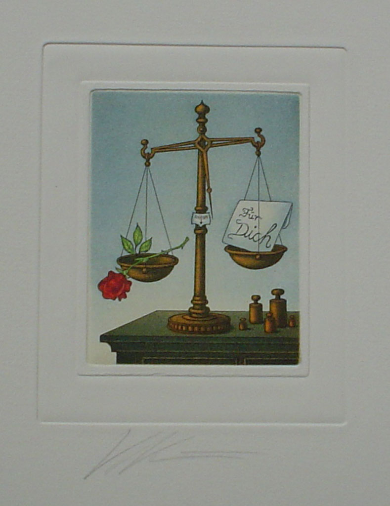 Libra/ Waage by Volker Kühn (ie. Volker Kuehn) - German Zodiac original hand-coloured etching signed by artist