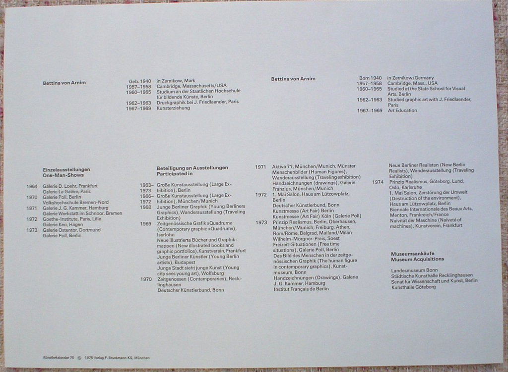 Astronaut Overhead (untitled) by Bettina von Arnim, to show accompanying Artist Biography - from "Künstlerkalendar '75" , an oversized calendar featuring original serigraphs from 13 European artists, © 1975 Verlag F. Bruckmann KG, München (Bruckmann Publishing, Munich)