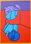 Untitled Purple Blue On Red Abstract (untitled) by Valerio Adami - 1975 original serigraph/silkscreen, signed in plate, one of 13 different serigraphs from "Künstlerkalendar '75" , an oversized calendar featuring original serigraphs from 13 European artists, © 1975 Verlag F. Bruckmann KG, München (Bruckmann Publishing, Munich)