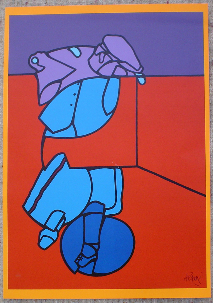 Purple Blue On Red Abstract (untitled) by Valerio Adami, shown with full margins - 1975 original serigraph/silkscreen, signed in plate, one of 13 different serigraphs from "Künstlerkalendar '75" , an oversized calendar featuring original serigraphs from 13 European artists, © 1975 Verlag F. Bruckmann KG, München (Bruckmann Publishing, Munich)