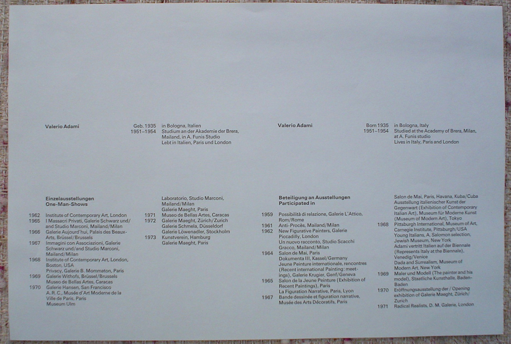 Purple Blue On Red Abstract (untitled) by Valerio Adami, to show accompanying Artist Biography - from "Künstlerkalendar '75" , an oversized calendar featuring original serigraphs from 13 European artists, © 1975 Verlag F. Bruckmann KG, München (Bruckmann Publishing, Munich)
