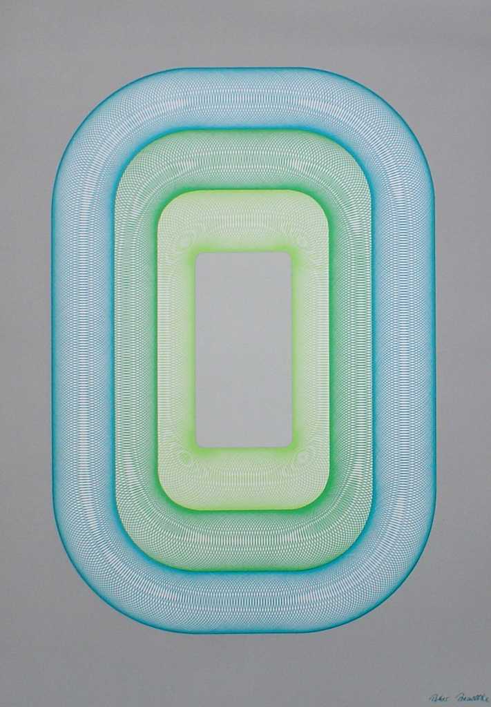 Blue Green Oval Spirals (untitled) by Peter Bradtke - 1975 original serigraph/silkscreen, signed in plate, one of 13 different serigraphs from "Künstlerkalendar '75" , an oversized calendar featuring original serigraphs from 13 European artists, © 1975 Verlag F. Bruckmann KG, München (Bruckmann Publishing, Munich)