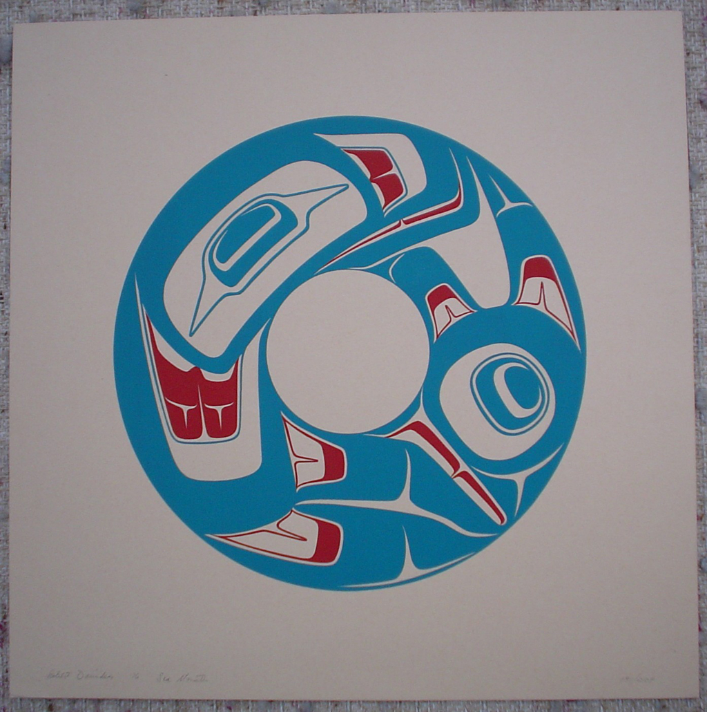 Sea Monster by Robert Davidson, Haida, Pacific Northwest Coast Canadian Native, art print shown with full margins - vintage 1976 original print limited edition serigraph/silkscreen - under image in pencil by artist: signed Robert Davidson, dated '76, titled Sea Monster, numbered 191/258 - sheet size 14.5x14.5 inches/ 37x37 cm (KerrisdaleGallery.com)