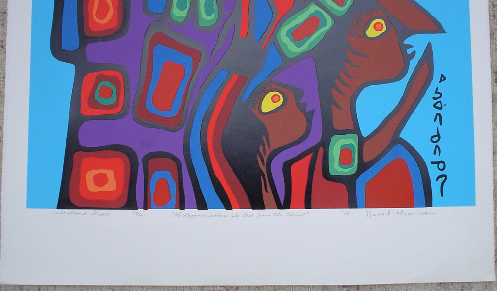 "The Nazarene Whom We Call Jesus The Christ" by Norval Morrisseau, detail to show hand-written artist information - original print limited edition serigraph/silkscreen - in lower margin, in pencil: Woodland Studios, title, numbered 57/100, signed, dated '78 with circular embossed seal in lower right on rag paper, sheet size 40x26 inches/ 101x66cm (KerrisdaleGallery.com)