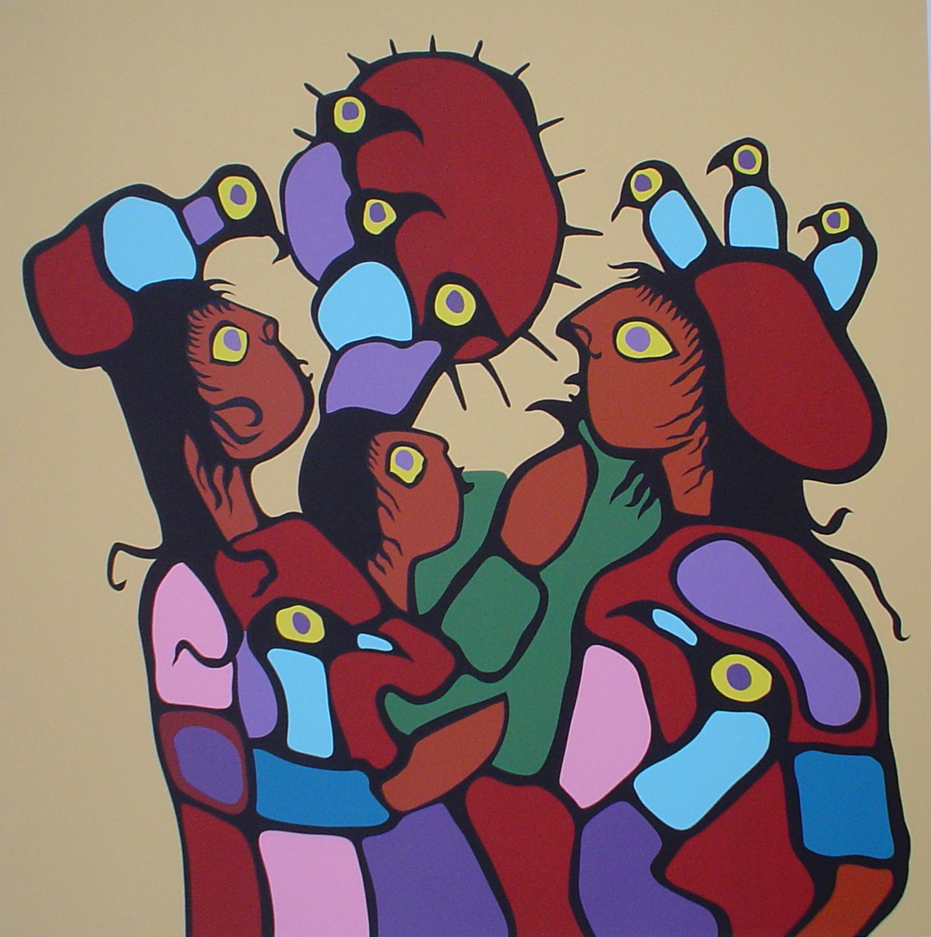Astral Children by Norval Morrisseau - original limited edition serigraph/silkscreen, titled, numbered 99/175 and signed by artist with butterfly remarque under title, sheet size 24x24 inches/ 61x61cm, circa 1977 (KerrisdaleGallery.com)