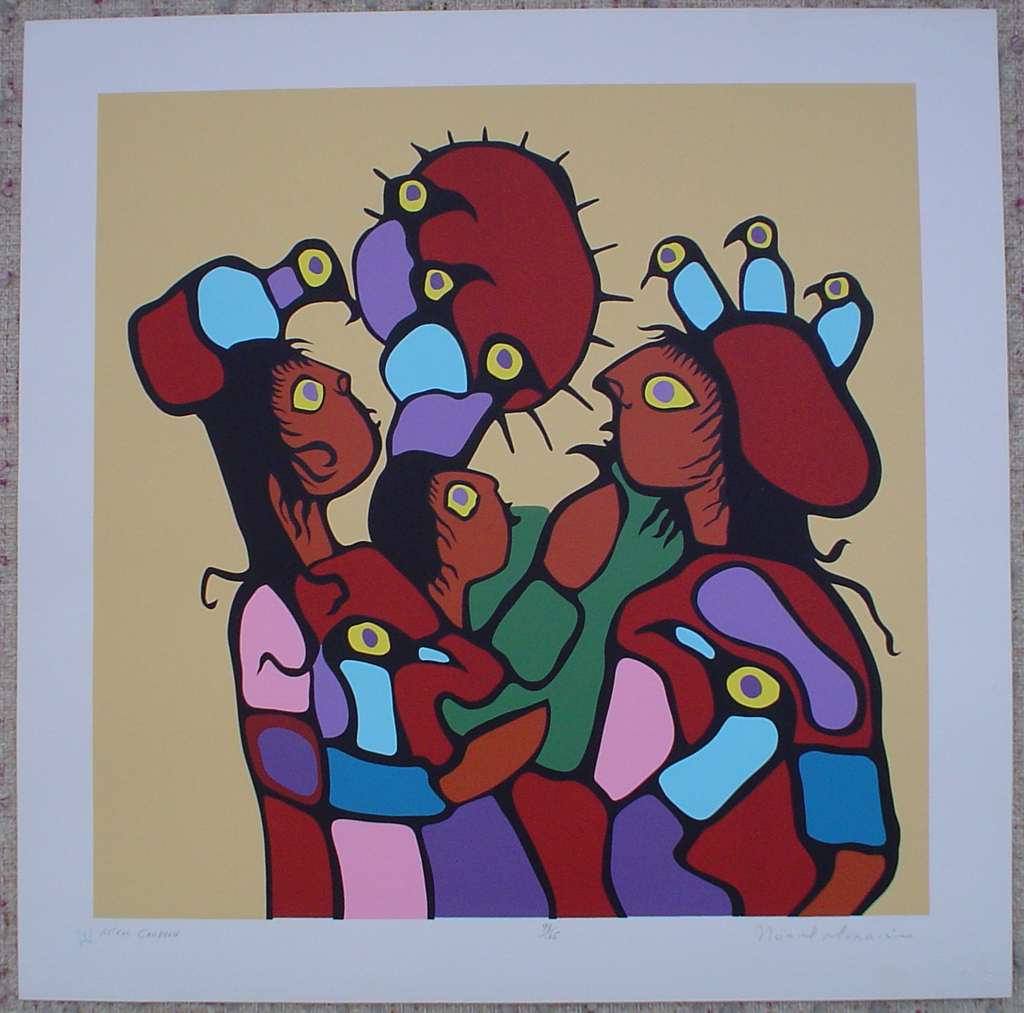 Astral Children by Norval Morrisseau, shown with full margins - original limited edition serigraph/ silkscreen, titled, numbered 99/175 and signed by artist with butterfly remarque under title, sheet size 24x24 inches/ 61x61cm, circa 1977 (KerrisdaleGallery.com)