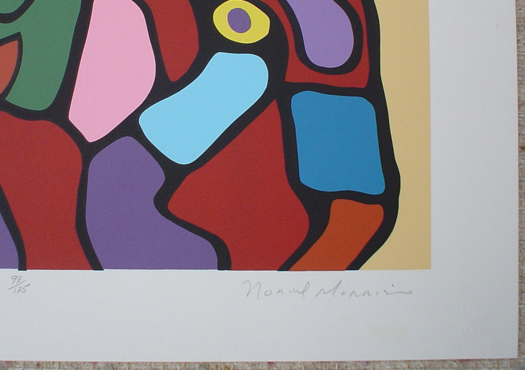 Astral Children by Norval Morrisseau, detail to show artist signature - original limited edition serigraph/silkscreen, titled, numbered 99/175 and signed by artist with butterfly remarque under title, sheet size 24x24 inches/ 61x61cm, circa 1977 (KerrisdaleGallery.com)