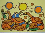 Spiritual Feast by Norval Morrisseau - original limited edition serigraph/silkscreen, titled, numbered 269/750 and signed by artist with butterfly remarque under title, sheet size 25x31 inches/ 63x80cm, circa 1977 (KerrisdaleGallery.com)