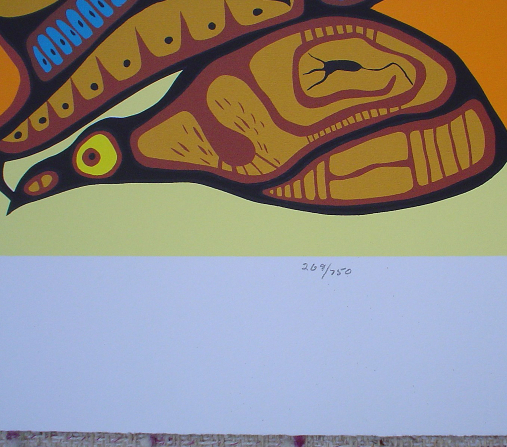 Spiritual Feast by Norval Morrisseau, detail to show edition number - original limited edition serigraph/silkscreen, titled, numbered 269/750 and signed by artist with butterfly remarque under title, sheet size 25x31 inches/ 63x80cm, circa 1977 (KerrisdaleGallery.com)