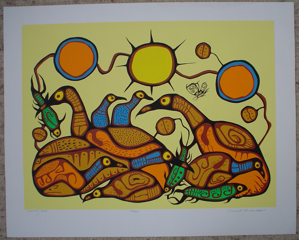 Spiritual Feast by Norval Morrisseau, shown with full margins - original limited edition serigraph/silkscreen, titled, numbered 269/750 and signed by artist with butterfly remarque under title, sheet size 25x31 inches/ 63x80cm, circa 1977 (KerrisdaleGallery.com)
