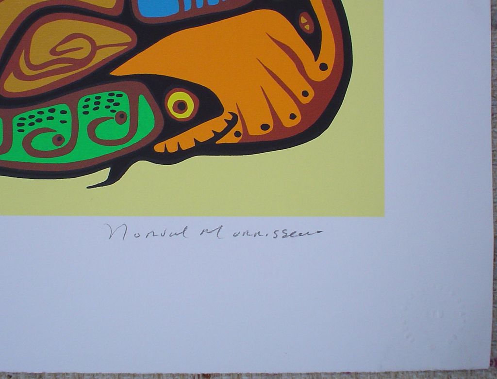 Spiritual Feast by Norval Morrisseau, detail to show artist signature - original limited edition serigraph/silkscreen, titled, numbered 269/750 and signed by artist with butterfly remarque under title, sheet size 25x31 inches/ 63x80cm, circa 1977 (KerrisdaleGallery.com)