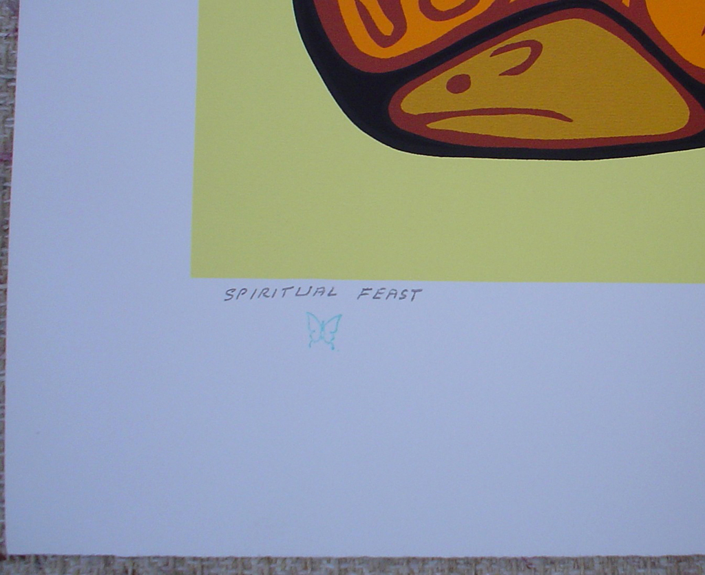 Spiritual Feast by Norval Morrisseau, detail to show title and butterfly remarque - original limited edition serigraph/silkscreen, titled, numbered 269/750 and signed by artist with butterfly remarque under title, sheet size 25x31 inches/ 63x80cm, circa 1977 (KerrisdaleGallery.com)