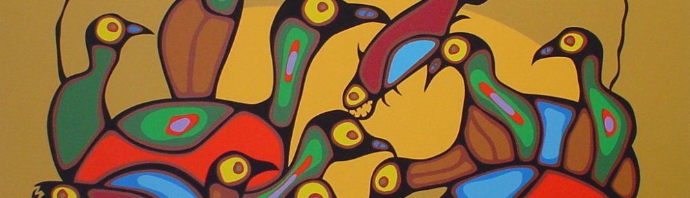 The Gathering by Norval Morrisseau - original limited edition serigraph/silkscreen, titled, numbered 465/500 and signed by artist with butterfly remarque under title, sheet size 24x30 inches/ 61x76cm, circa 1980 (KerrisdaleGallery.com)