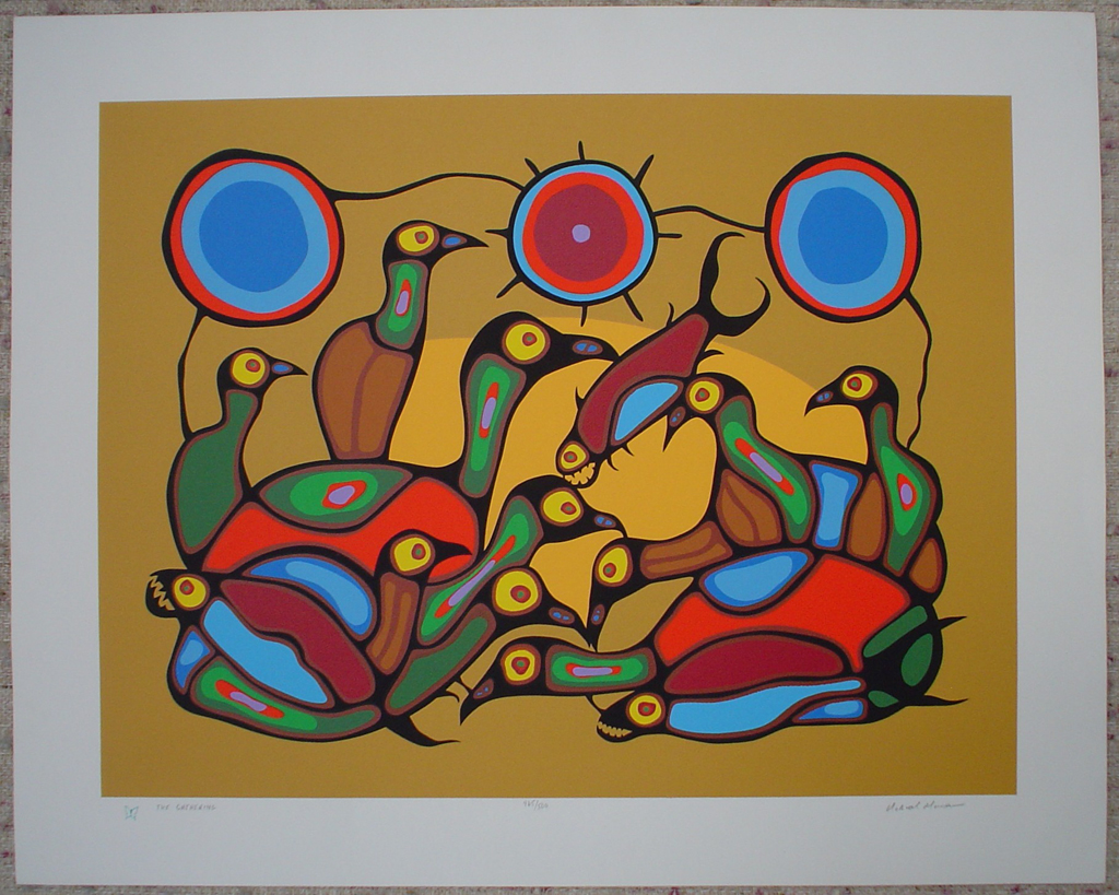 The Gathering by Norval Morrisseau, shown with full margins - original limited edition serigraph/silkscreen, titled, numbered 465/500 and signed by artist with butterfly remarque under title, sheet size 24x30 inches/ 61x76cm, circa 1980 (KerrisdaleGallery.com)
