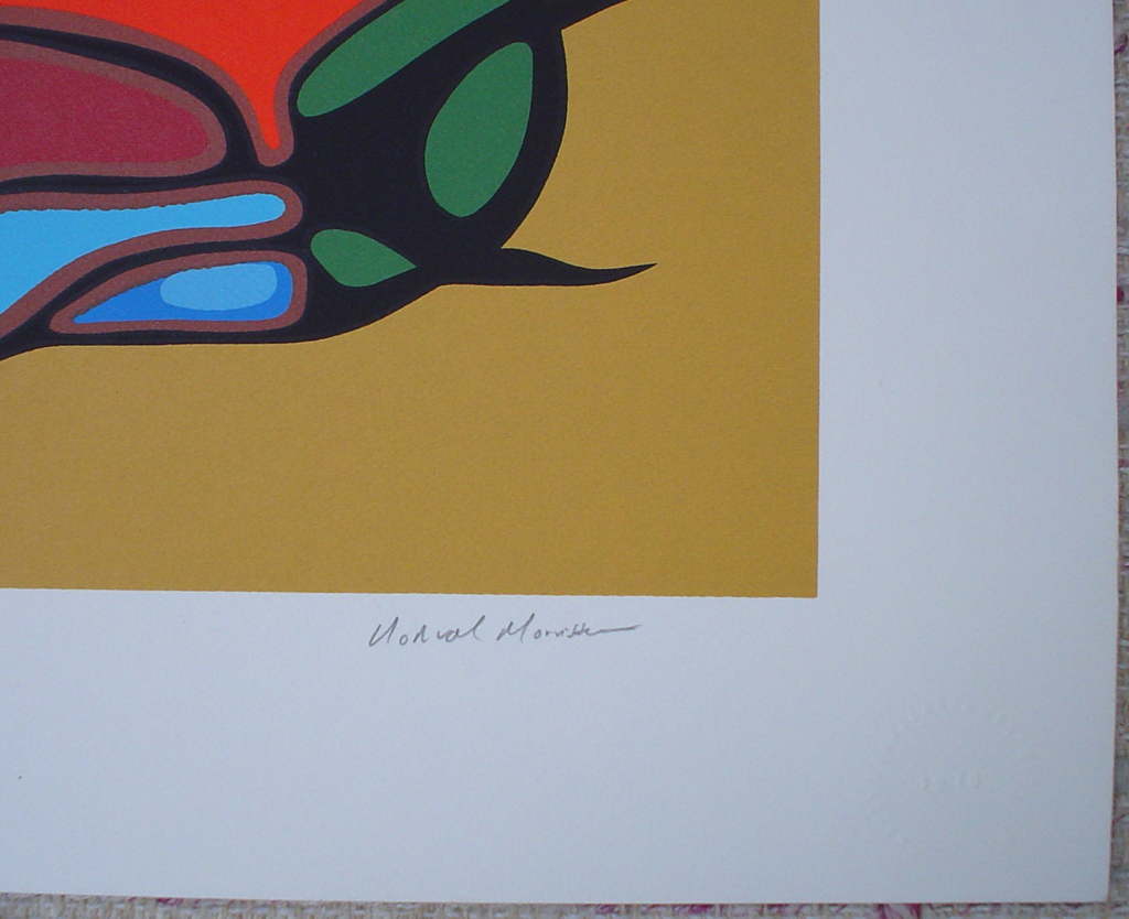 The Gathering by Norval Morrisseau, detail to show artist signature - original limited edition serigraph/silkscreen, titled, numbered 465/500 and signed by artist with butterfly remarque under title, sheet size 24x30 inches/ 61x76cm, circa 1980 (KerrisdaleGallery.com)
