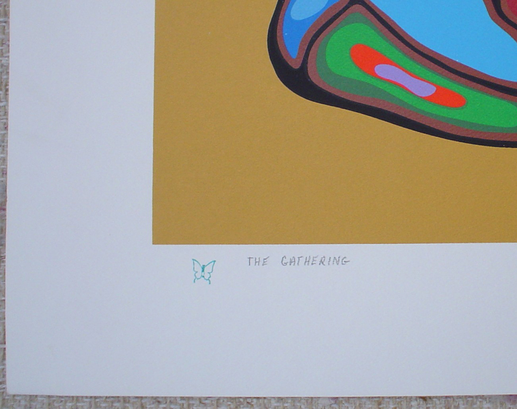The Gathering by Norval Morrisseau, detail to show title and butterfly remarque - original limited edition serigraph/silkscreen, titled, numbered 465/500 and signed by artist with butterfly remarque under title, sheet size 24x30 inches/ 61x76cm, circa 1980 (KerrisdaleGallery.com)