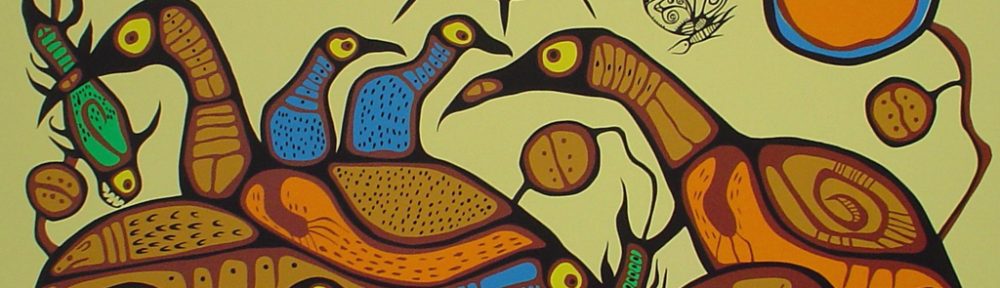 Spiritual Feast by Norval Morrisseau - original limited edition serigraph/silkscreen, titled, numbered 498/750 and signed by artist with butterfly remarque under title, sheet size 25x31 inches/ 63x80cm, circa 1977 (KerrisdaleGallery.com)