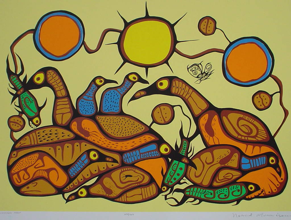 Spiritual Feast by Norval Morrisseau - original limited edition serigraph/silkscreen, titled, numbered 498/750 and signed by artist with butterfly remarque under title, sheet size 25x31 inches/ 63x80cm, circa 1977 (KerrisdaleGallery.com)
