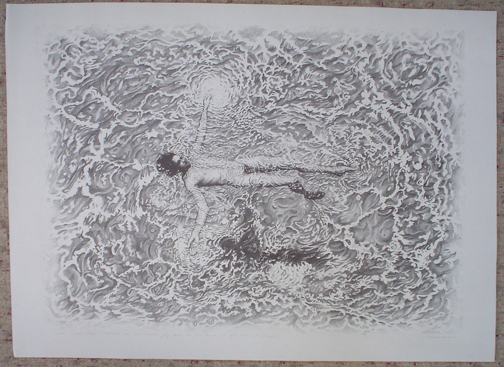 (Floating Man) "Only Today I Learned of Passionate Joy And Do Not Know As Yet What It Means" by Robert Moon, shown with full margins - original limited edition lithograph, numbered 3/50, titled and signed by Robert Moon, created circa 1971, large sheet size, 28x38 inches/71x97cm (KerrisdaleGallery.com)