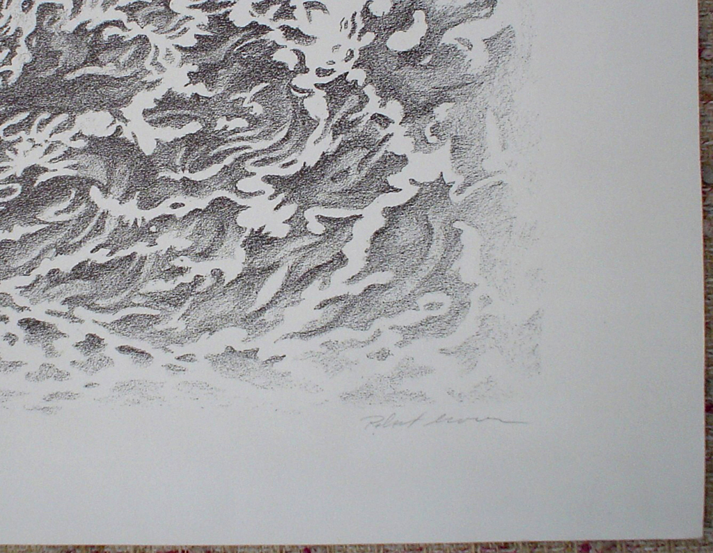 (Floating Man) "Only Today I Learned of Passionate Joy And Do Not Know As Yet What It Means" by Robert Moon, detail to show artist signature - original limited edition lithograph, numbered 3/50, titled and signed by Robert Moon, created circa 1971, large sheet size, 28x38 inches/71x97cm (KerrisdaleGallery.com)