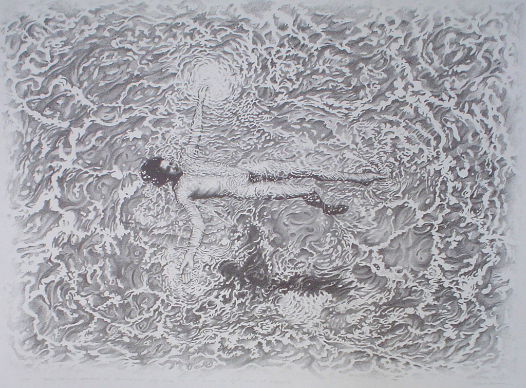 (Floating Man) "Only Today I Learned of Passionate Joy And Do Not Know As Yet What It Means" by Robert Moon - original limited edition lithograph, numbered 3/50, titled and signed by Robert Moon, created circa 1971, large sheet size, 28x38 inches/71x97cm (KerrisdaleGallery.com)