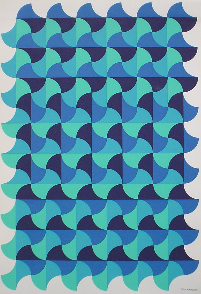 Blue Green Waves Abstract (untitled) by Jo Adolf Nyfeler - - 1975 original serigraph/silkscreen, signed in plate, one of 13 different serigraphs from "Künstlerkalendar '75" , an oversized calendar featuring original serigraphs from 13 European artists, © 1975 Verlag F. Bruckmann KG, München (Bruckmann Publishing, Munich)