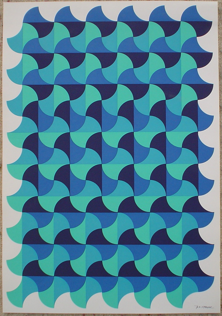 Blue Green Waves Abstract (untitled) by Jo Adolf Nyfeler, shown with full margins - 1975 original serigraph/silkscreen, signed in plate, one of 13 different serigraphs from "Künstlerkalendar '75" , an oversized calendar featuring original serigraphs from 13 European artists, © 1975 Verlag F. Bruckmann KG, München (Bruckmann Publishing, Munich)