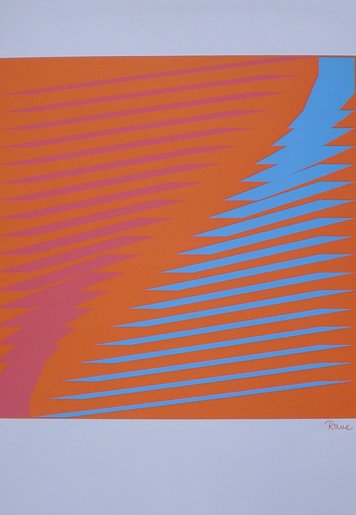 Turquoise Orange Jagged Lines Abstract (untitled) by Horst Rave - 1975 original serigraph/silkscreen, signed in plate, one of 13 different serigraphs from "Künstlerkalendar '75" , an oversized calendar featuring original serigraphs from 13 European artists, © 1975 Verlag F. Bruckmann KG, München (Bruckmann Publishing, Munich)