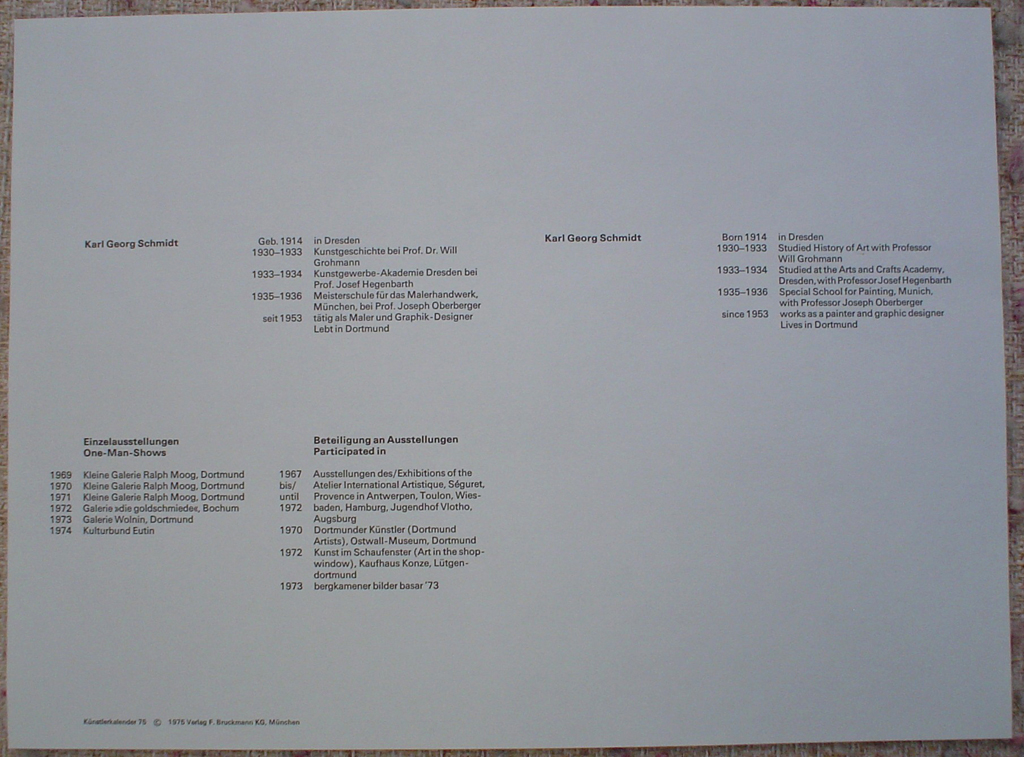 Red Diamonds Abstract (untitled) by Karl Georg Schmidt, to show accompanying Artist Biography - from "Künstlerkalendar '75" , an oversized calendar featuring original serigraphs from 13 European artists, © 1975 Verlag F. Bruckmann KG, München (Bruckmann Publishing, Munich)