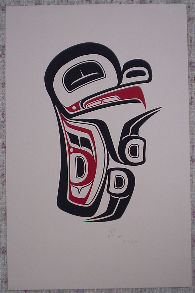 Frog by Norman Tait, Nisga'a Northwest Coast Canadian Native, shown with full margins - vintage 1976 original print limited edition serigraph/silkscreen - in lower right image area in pencil by artist: signed N Tait, dated Feb '76, numbered 202/279 - sheet size 20x13 inches/51x33 cm (KerrisdaleGallery.com