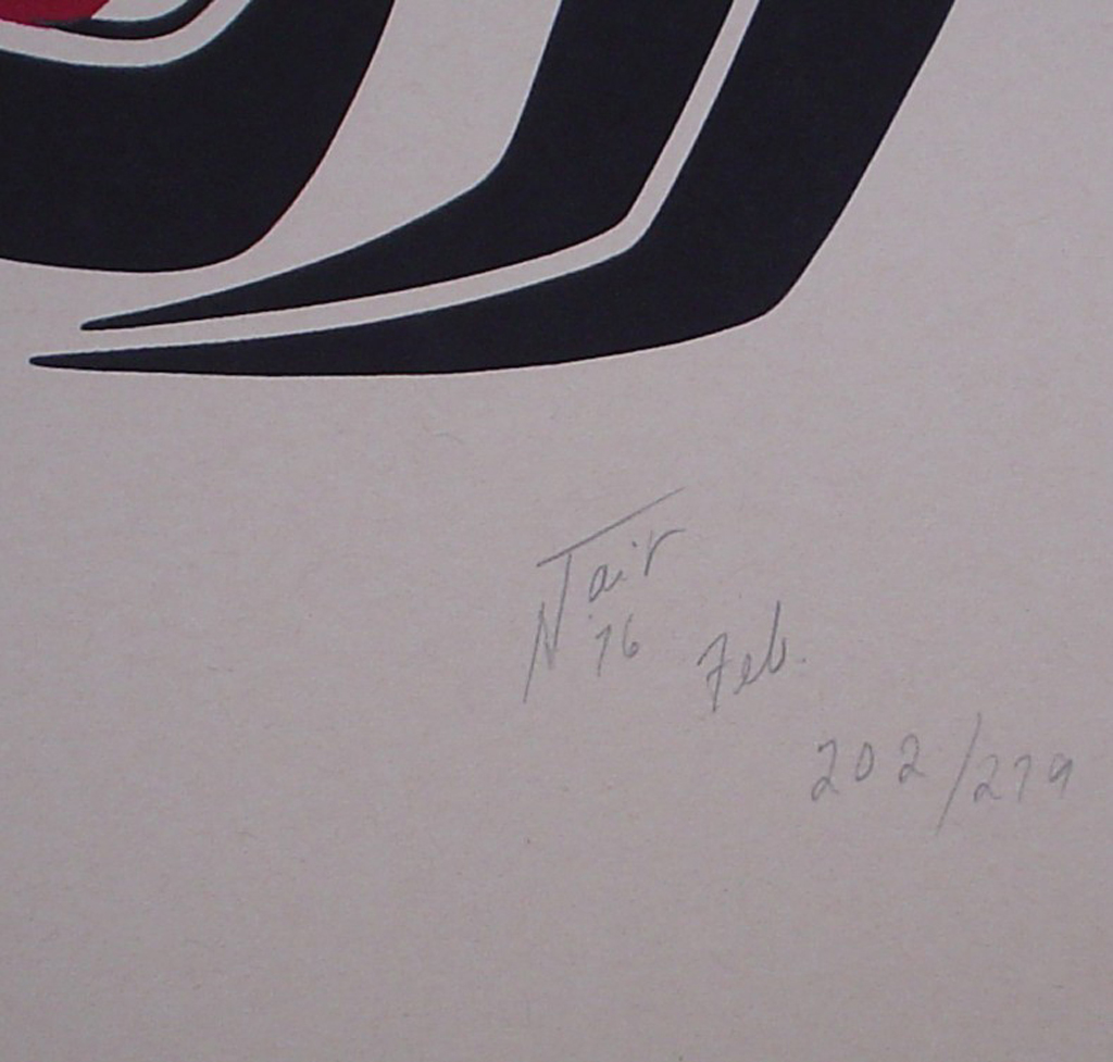Frog by Norman Tait, Nisga'a Northwest Coast Canadian Native, detail to show artist signature, date and edition - vintage 1976 original print limited edition serigraph/silkscreen - in lower right image area in pencil by artist: signed N Tait, dated Feb '76, numbered 202/279 - sheet size 20x13 inches/51x33 cm (KerrisdaleGallery.com)