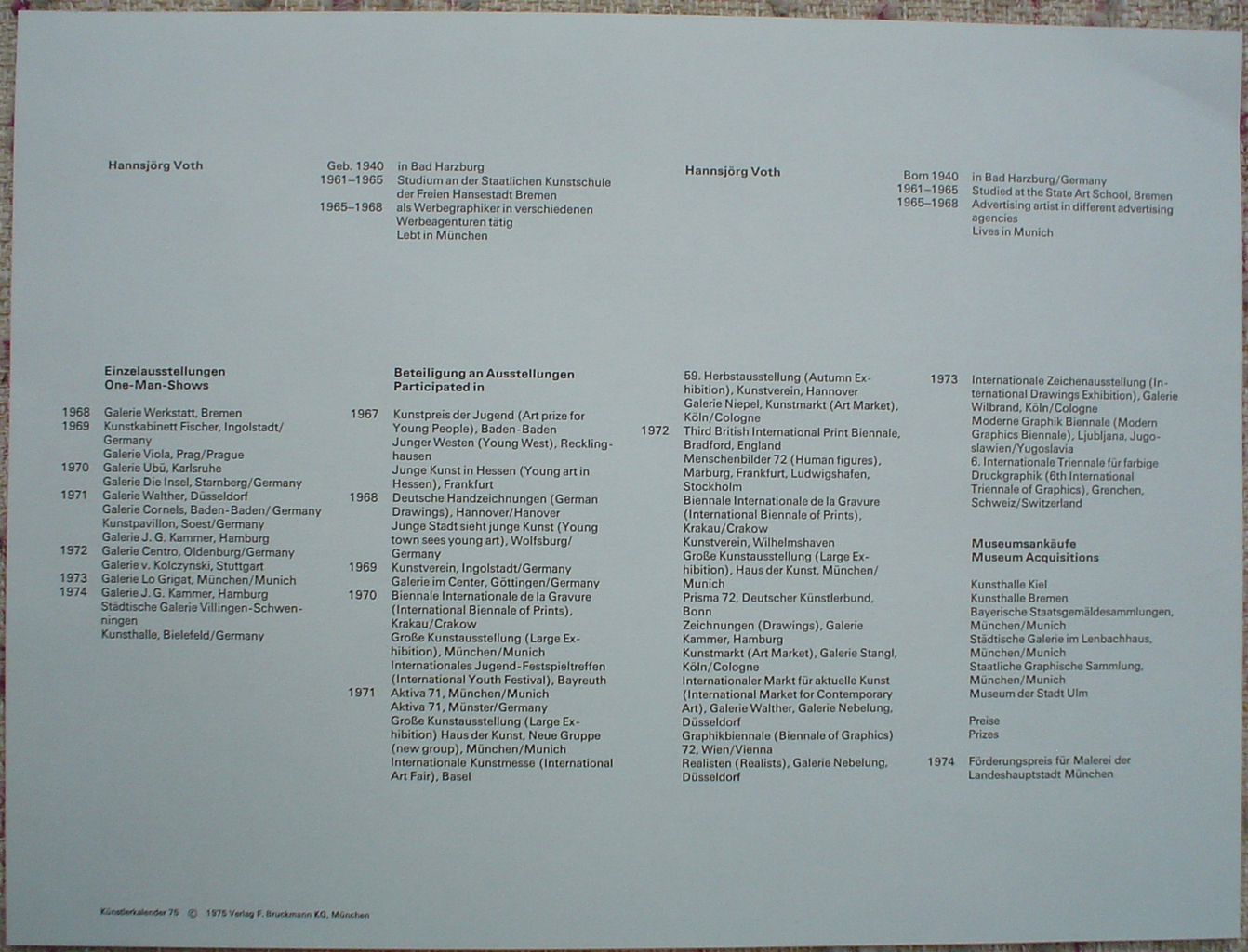 Gray Stitched Shape Abstract (untitled) by Hannsjörg Voth, to show accompanying Artist Biography - from "Künstlerkalendar '75" , an oversized calendar featuring original serigraphs from 13 European artists, © 1975 Verlag F. Bruckmann KG, München (Bruckmann Publishing, Munich)