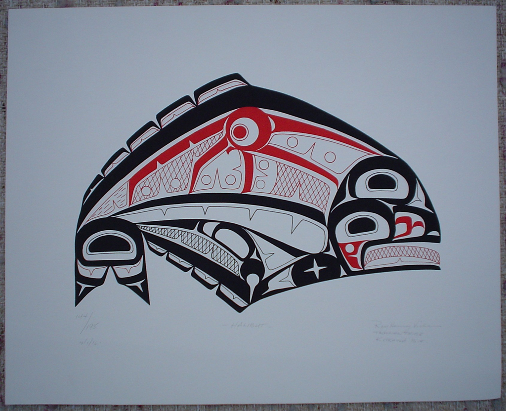 Halibut by Roy Henry Vickers, shown with full margins - original print limited edition serigraph/silkscreen - in lower image area, in pencil: numbered 144/195, dated 19/1/76, titled "Halibut" in lower left; signed "Roy Henry Vickers, Tsimsian Tribe, Kitkatla B.C." at lower right - sheet size 12x15 inches/30x38 cm (KerrisdaleGallery.com)