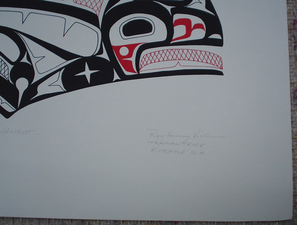 Halibut by Roy Henry Vickers, detail to show artist signature - original print limited edition serigraph/silkscreen - in lower image area, in pencil: numbered 144/195, dated 19/1/76, titled "Halibut" in lower left; signed "Roy Henry Vickers, Tsimsian Tribe, Kitkatla B.C." at lower right - sheet size 12x15 inches/30x38 cm (KerrisdaleGallery.com)