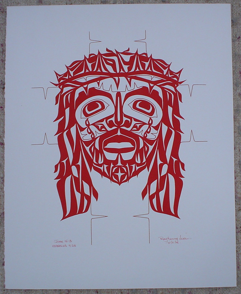"John 15:13 Hebrews 9:28" (Jesus Christ in Red) by Roy Henry Vickers, shown with full margins - original print serigraph/silkscreen - in lower margin, hand-written in red ink:  John 15:13 Hebrews 9:28, signed Roy Henry Vickers, dated 15/6/76 - sheet size 20x16 inches/51x41 cm (KerrisdaleGallery.com)