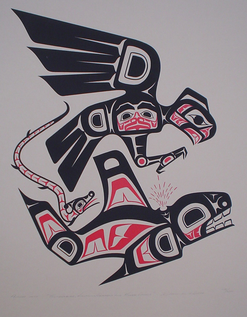 Thunderbird, Lightning Serpent and Killer Whale by Clarence A. Wells, Gitxsan Pacific Northwest Coast First Nations contemporary Native artist - vintage original 1977 limited edition serigraph/silkscreen print - under image in pencil by artist: dated August 1977, titled Thunderbird, Lightning Serpent and Killer Whale, signed Clarence A. Wells, numbered 112/200 - sheet size 24x18 inches/ 61x45.75 cm (KerrisdaleGallery.com)