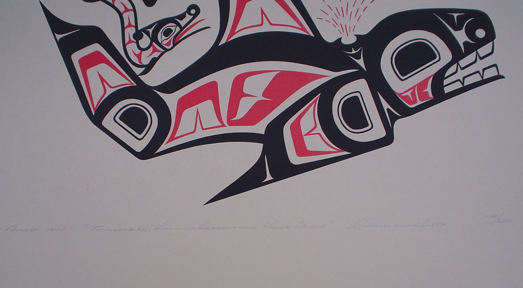 Thunderbird, Lightning Serpent and Killer Whale by Clarence A. Wells, Gitxsan Pacific Northwest Coast First Nations contemporary Native artist, detail to show hand-written artist information - vintage original 1977 limited edition serigraph/silkscreen print - under image in pencil by artist: dated August 1977, titled Thunderbird, Lightning Serpent and Killer Whale, signed Clarence A. Wells, numbered 112/200 - sheet size 24x18 inches/ 61x45.75 cm (KerrisdaleGallery.com)