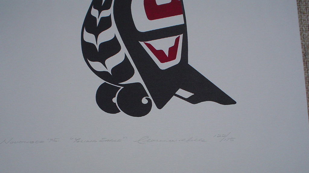 Young Eagle by Clarence A. Wells, Gitxsan Pacific Northwest Coast First Nations contemporary Native artist, detail to show hand-written artist information - vintage original 1975 limited edition serigraph/silkscreen print - under image in pencil by artist: dated November '75, titled Young Eagle, signed Clarence A. Wells, numbered 122/175 - sheet size 20x16 inches/ 51x41 cm (KerrisdaleGallery.com)