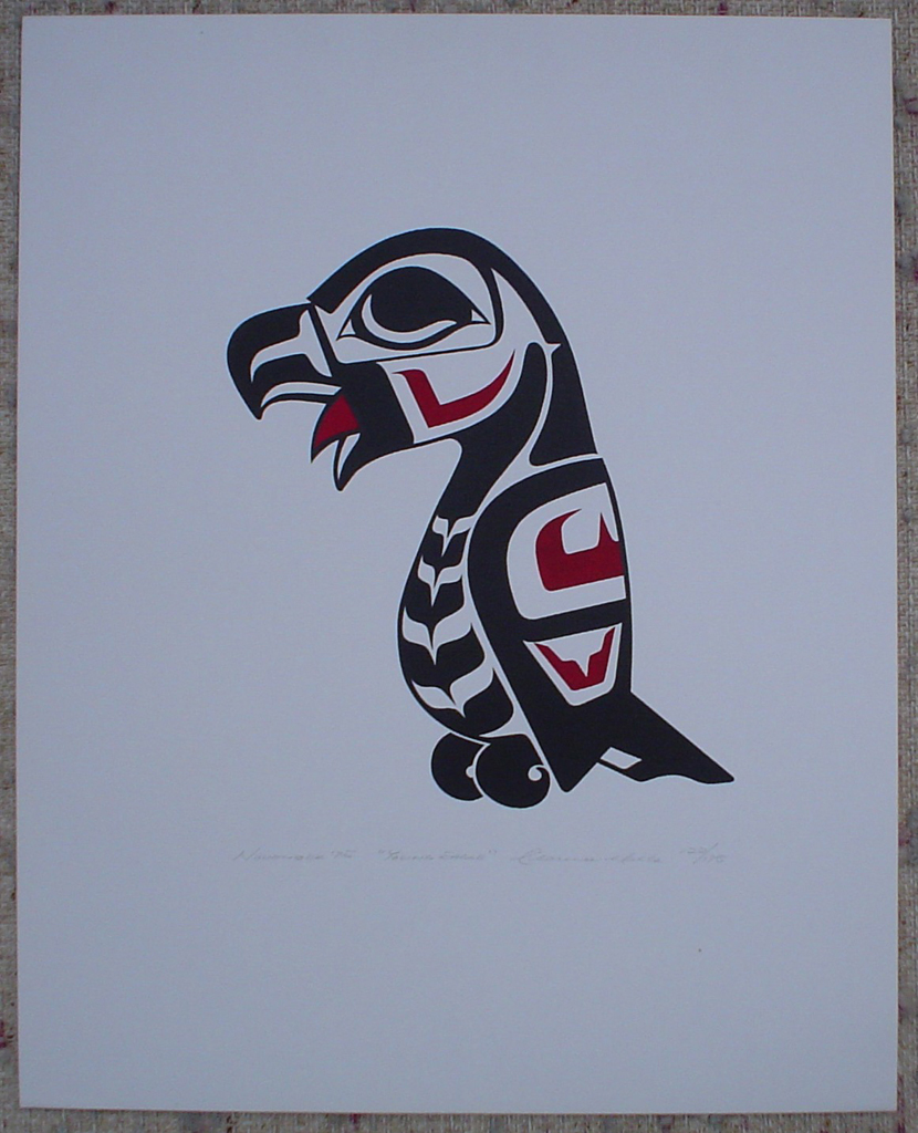 Young Eagle by Clarence A. Wells, Gitxsan Pacific Northwest Coast First Nations contemporary Native artist, art print shown with full margins - vintage original 1975 limited edition serigraph/silkscreen print - under image in pencil by artist: dated November '75, titled Young Eagle, signed Clarence A. Wells, numbered 122/175 - sheet size 20x16 inches/ 51x41 cm (KerrisdaleGallery.com)