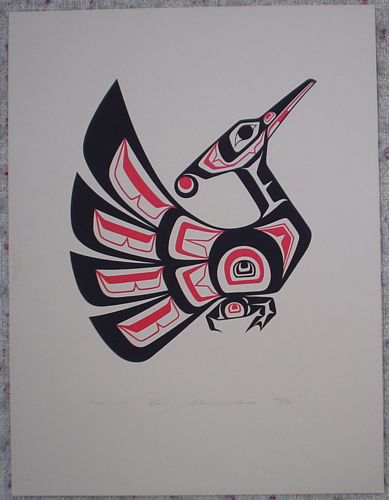 Loon by Clarence A. Wells, Gitxsan Pacific Northwest Coast First Nations contemporary Native artist, art print shown with full margins - vintage original 1977 limited edition serigraph/silkscreen print - under image in pencil by artist: dated March '77, titled Loon, signed Clarence A. Wells, numbered 136/180 - sheet size 17x13 inches/ 43x33 cm (KerrisdaleGallery.com)