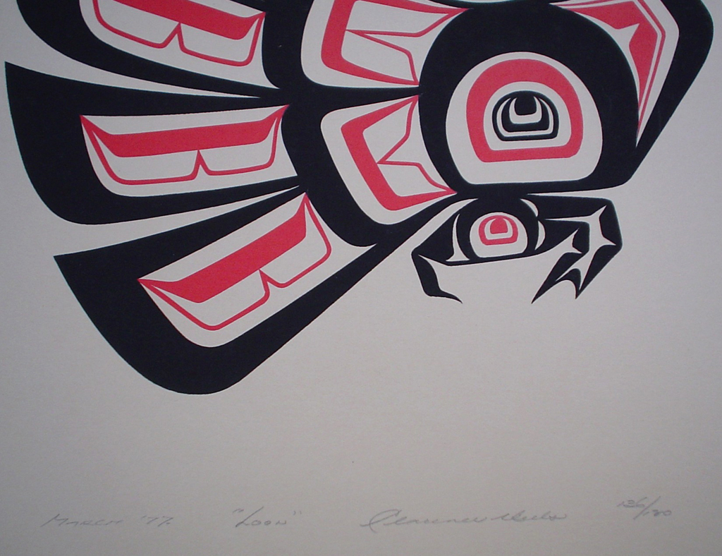 Loon by Clarence A. Wells, Gitxsan Pacific Northwest Coast First Nations contemporary Native artist, detail to show hand-written artist information - vintage original 1977 limited edition serigraph/silkscreen print - under image in pencil by artist: dated March '77, titled Loon, signed Clarence A. Wells, numbered 136/180 - sheet size 17x13 inches/ 43x33 cm (KerrisdaleGallery.com)