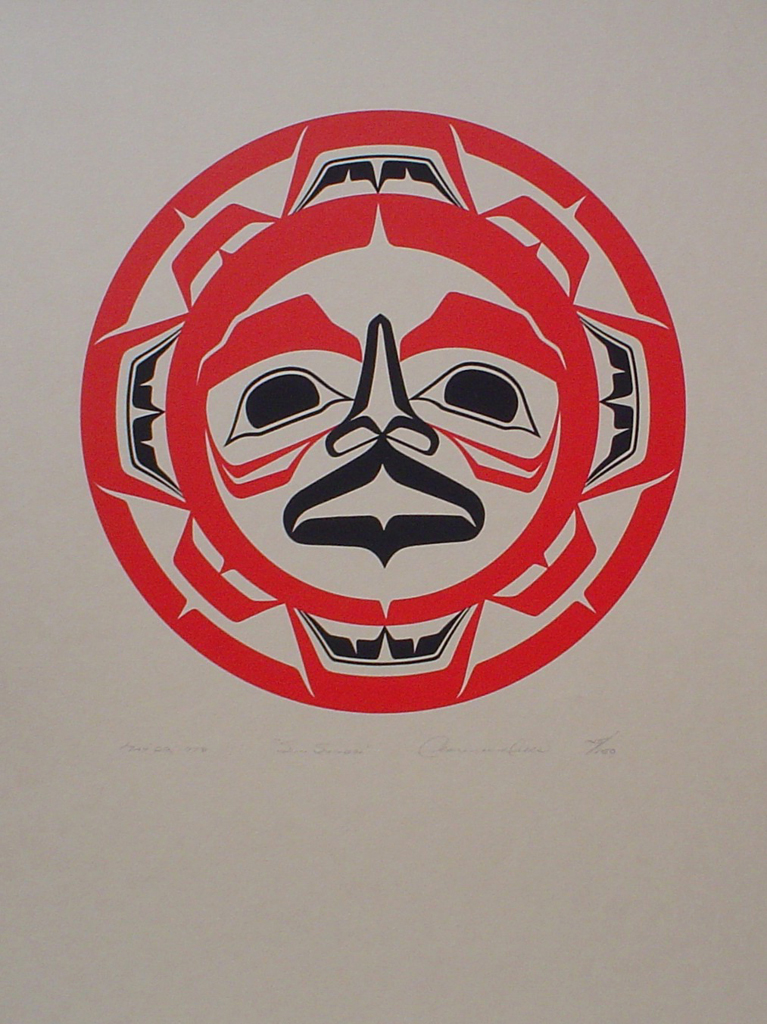 Sun Symbol by Clarence A. Wells, Gitxsan Pacific Northwest Coast First Nations contemporary Native artist - vintage original 1978 limited edition serigraph/silkscreen print - under image in pencil by artist: dated March '78, titled Sun Symbol, signed Clarence A. Wells, numbered 145/150 - sheet size 17x13 inches/ 43x33 cm (KerrisdaleGallery.com)