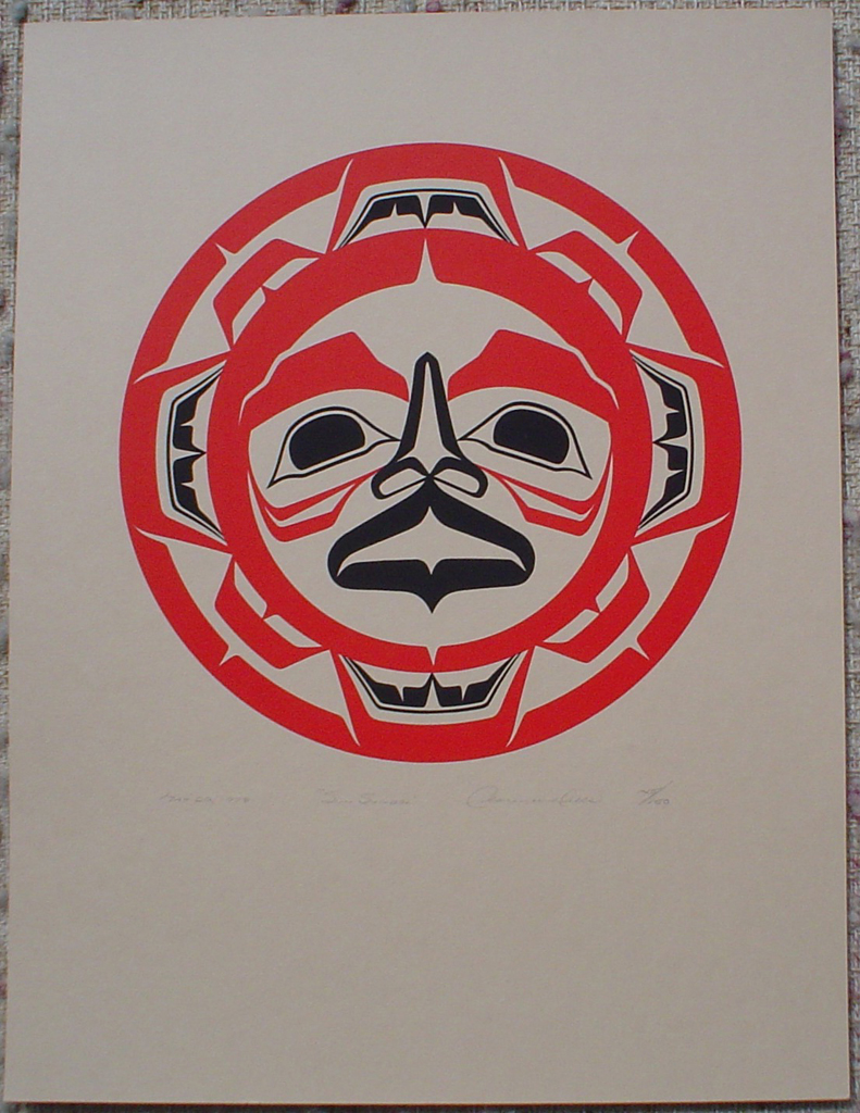 Sun Symbol by Clarence A. Wells, Gitxsan Pacific Northwest Coast First Nations contemporary Native artist, art print shown with full margins - vintage original 1978 limited edition serigraph/silkscreen print - under image in pencil by artist: dated March '78, titled Sun Symbol, signed Clarence A. Wells, numbered 145/150 - sheet size 17x13 inches/ 43x33 cm (KerrisdaleGallery.com)