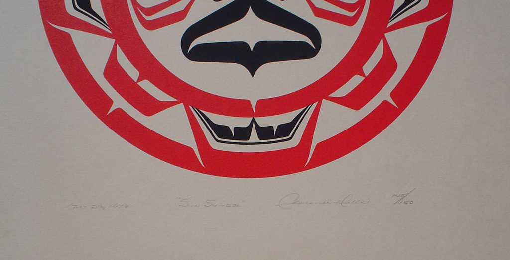 Sun Symbol by Clarence A. Wells, Gitxsan Pacific Northwest Coast First Nations contemporary Native artist, detail to show hand-written artist information - vintage original 1978 limited edition serigraph/silkscreen print - under image in pencil by artist: dated March '78, titled Sun Symbol, signed Clarence A. Wells, numbered 145/150 - sheet size 17x13 inches/ 43x33 cm (KerrisdaleGallery.com)